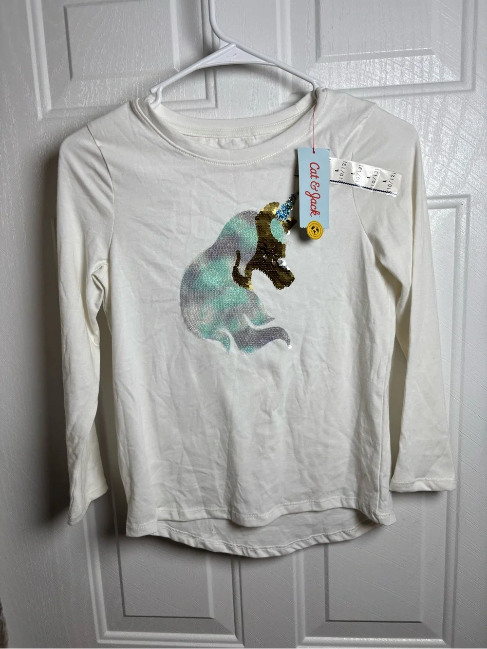 Cat & Jack White Long-Sleeve Tee with Sequin Mint & Silver Unicorn